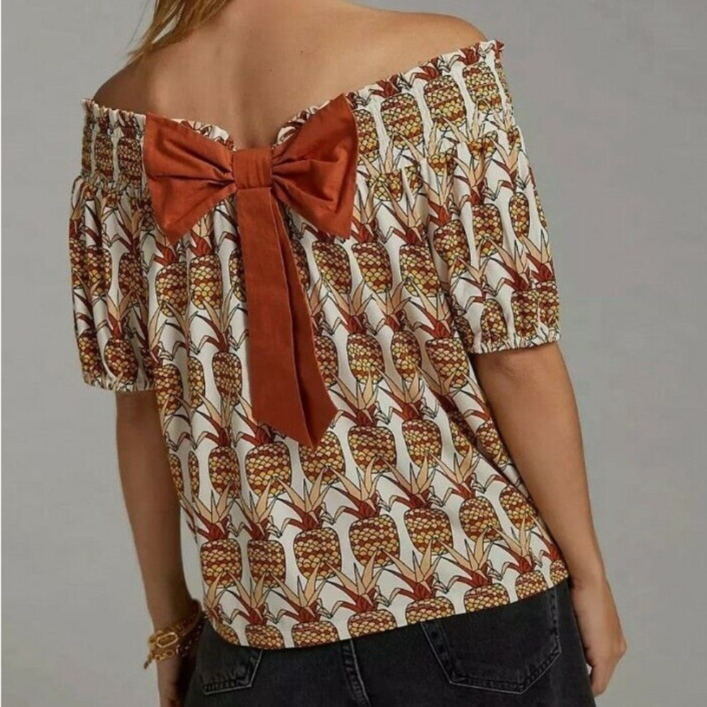Anthropologie pineapple print bow shirt